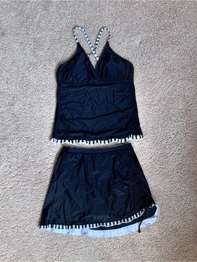 Black Tankini Swim Top and Skirt Set with Striped Trim